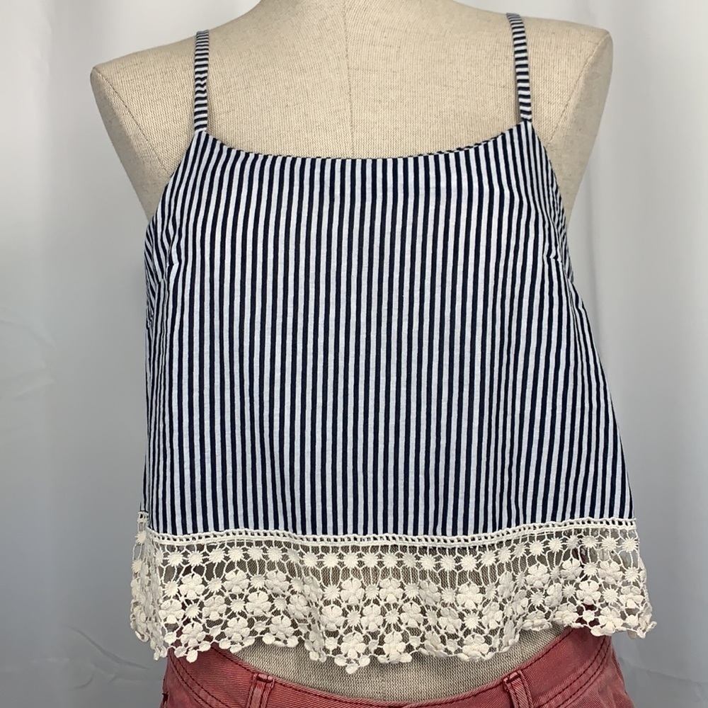 Moon Lace Edged Crop Top - Blue/White Stripes, Size Small, Cotton